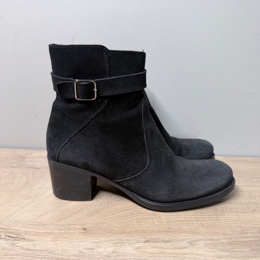 La Canadienne Ankle Boots Womens 9 Black Suede Waterproof‎ Buckle Block Heel